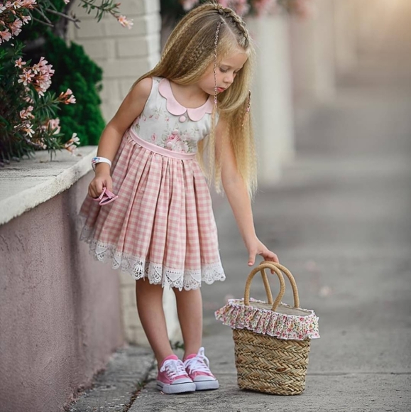 Dollcake Dress Maddy Pink White Plaid Roses Floral Full Skirt Girls 10 NWT - Picture 4 of 12